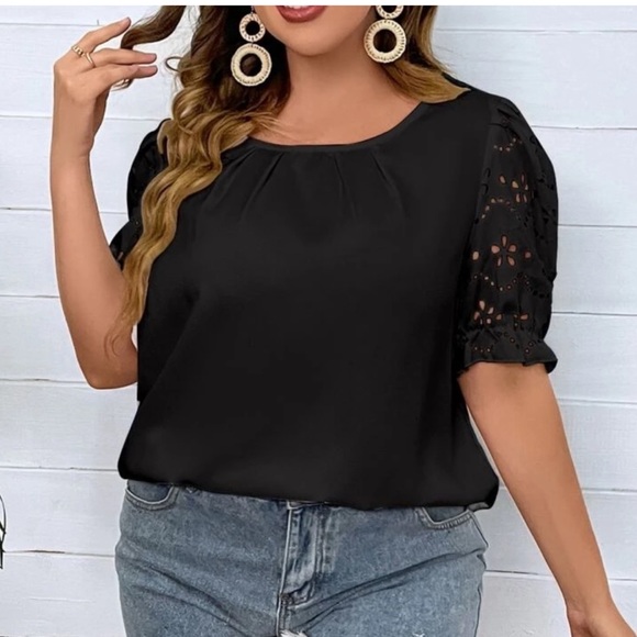 Boho plus size black lace puff sleeve blouse